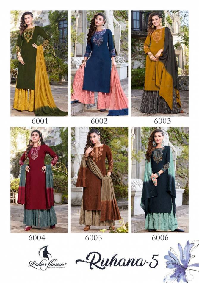  Ladies Flavour Ruhana 5 Exclusive Wear Pure Viscose Wholesale Readymade Suit Collection